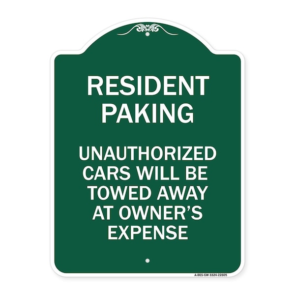 Signmission Tow Away Resident Parking Unauthorized Cars Will Be Towed Away at Owners Expense, GW-1824-22805 A-DES-GW-1824-22805 - main